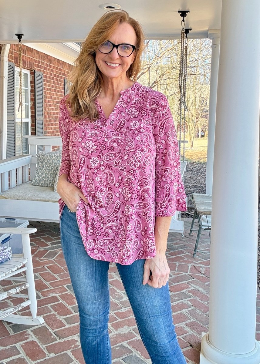 Pink Paisley Bell Sleeve Lizzy Top - Dear Scarlett Wrinkle Free Top - Jimberly's Boutique - Olive Branch - Mississippi
