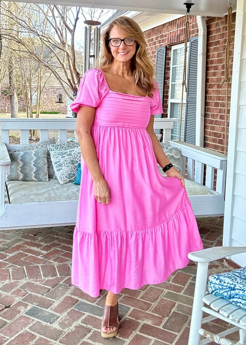 Pink Pleated Empire Waist Midi Dress - dress - Jimberly's Boutique - Olive Branch - Mississippi