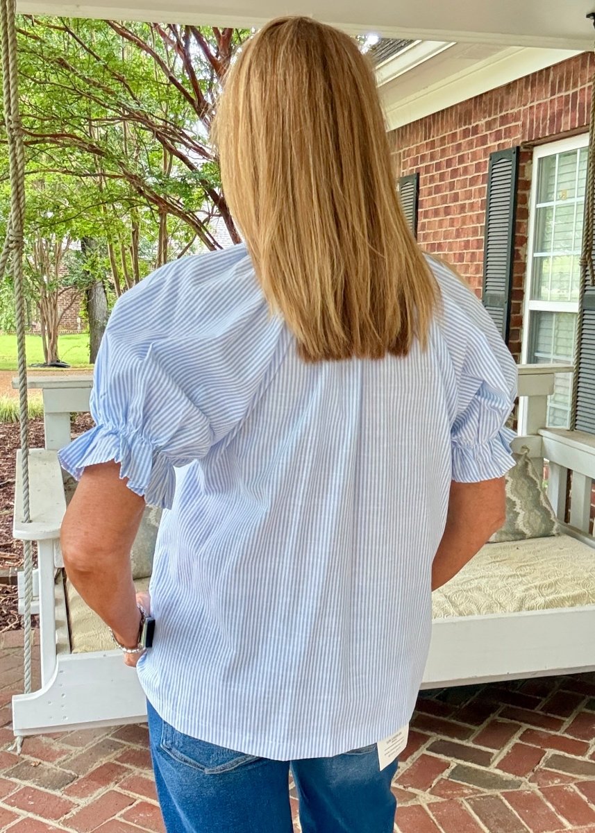 Pinstripe V-Neck Ruffle Sleeve Top - Blue | Umgee - Umgee Top -Jimberly's Boutique-Olive Branch-Mississippi