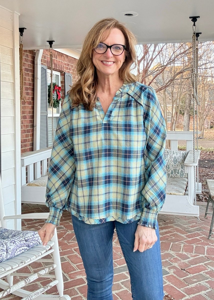 Plaid Long Sleeve Top - Navy Mix - Umgee Top - Jimberly's Boutique - Olive Branch - Mississippi