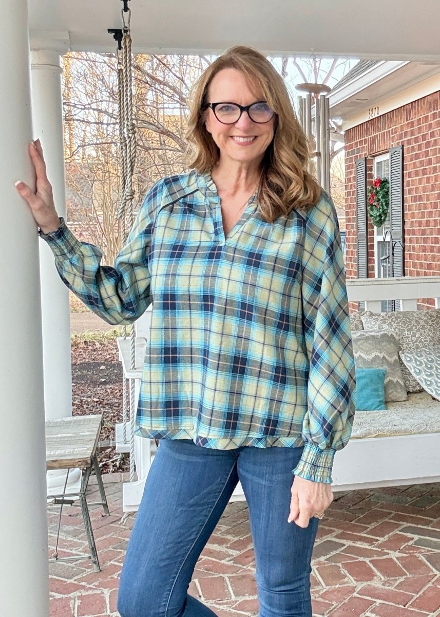 Plaid Long Sleeve Top - Navy Mix - Umgee Top - Jimberly's Boutique - Olive Branch - Mississippi