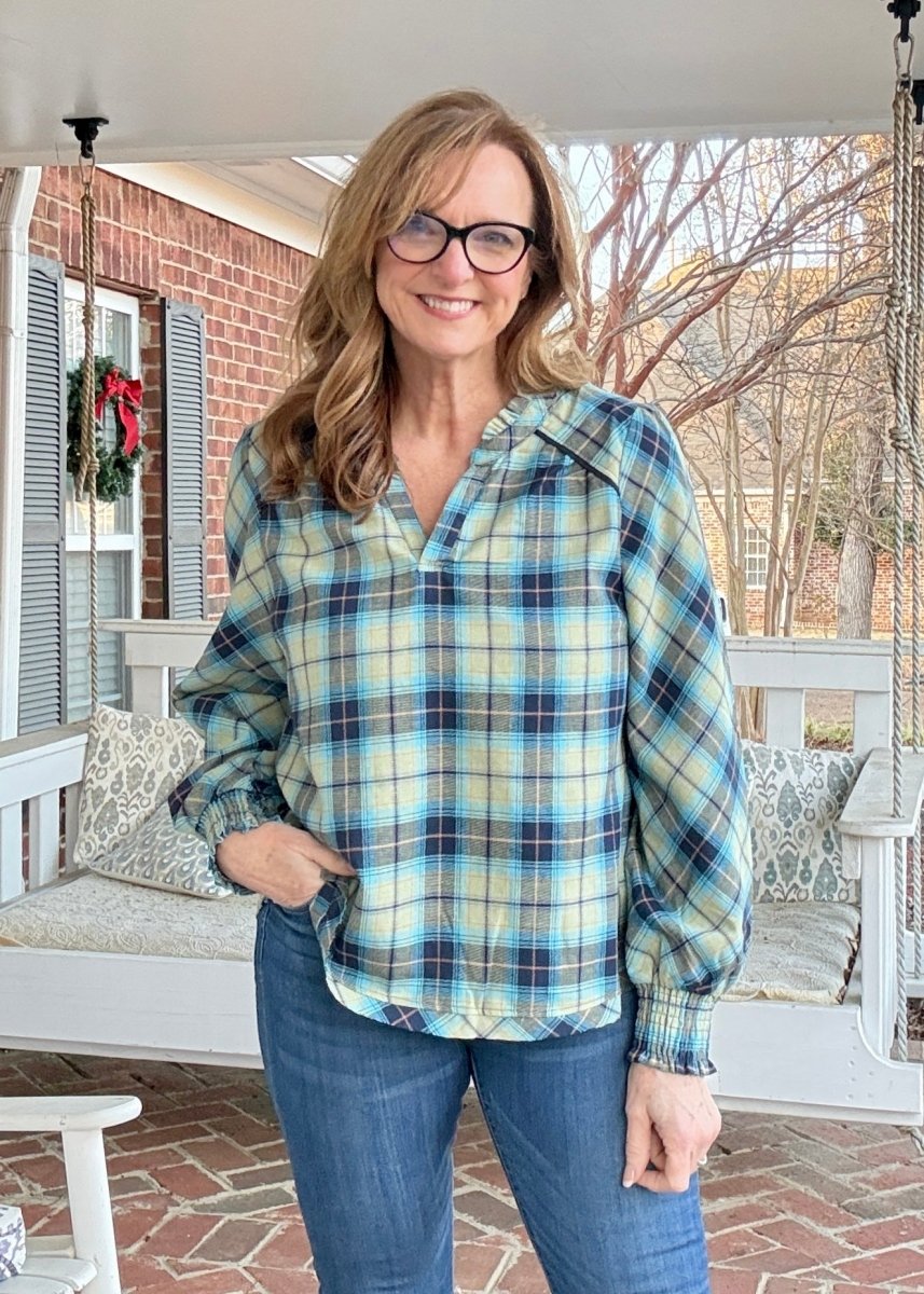 Plaid Long Sleeve Top - Navy Mix - Umgee Top - Jimberly's Boutique - Olive Branch - Mississippi