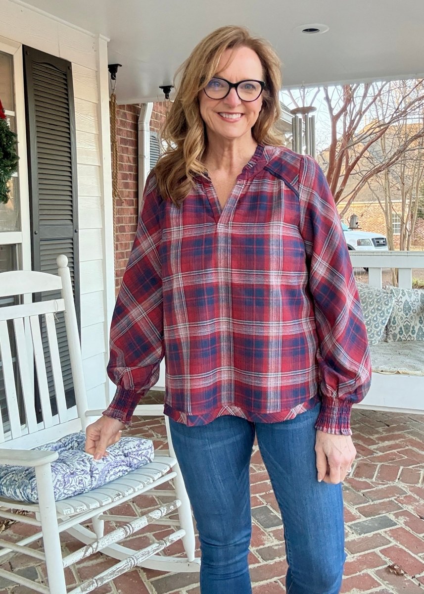 Plaid Long Sleeve Top - Red Mix - Umgee Top - Jimberly's Boutique - Olive Branch - Mississippi