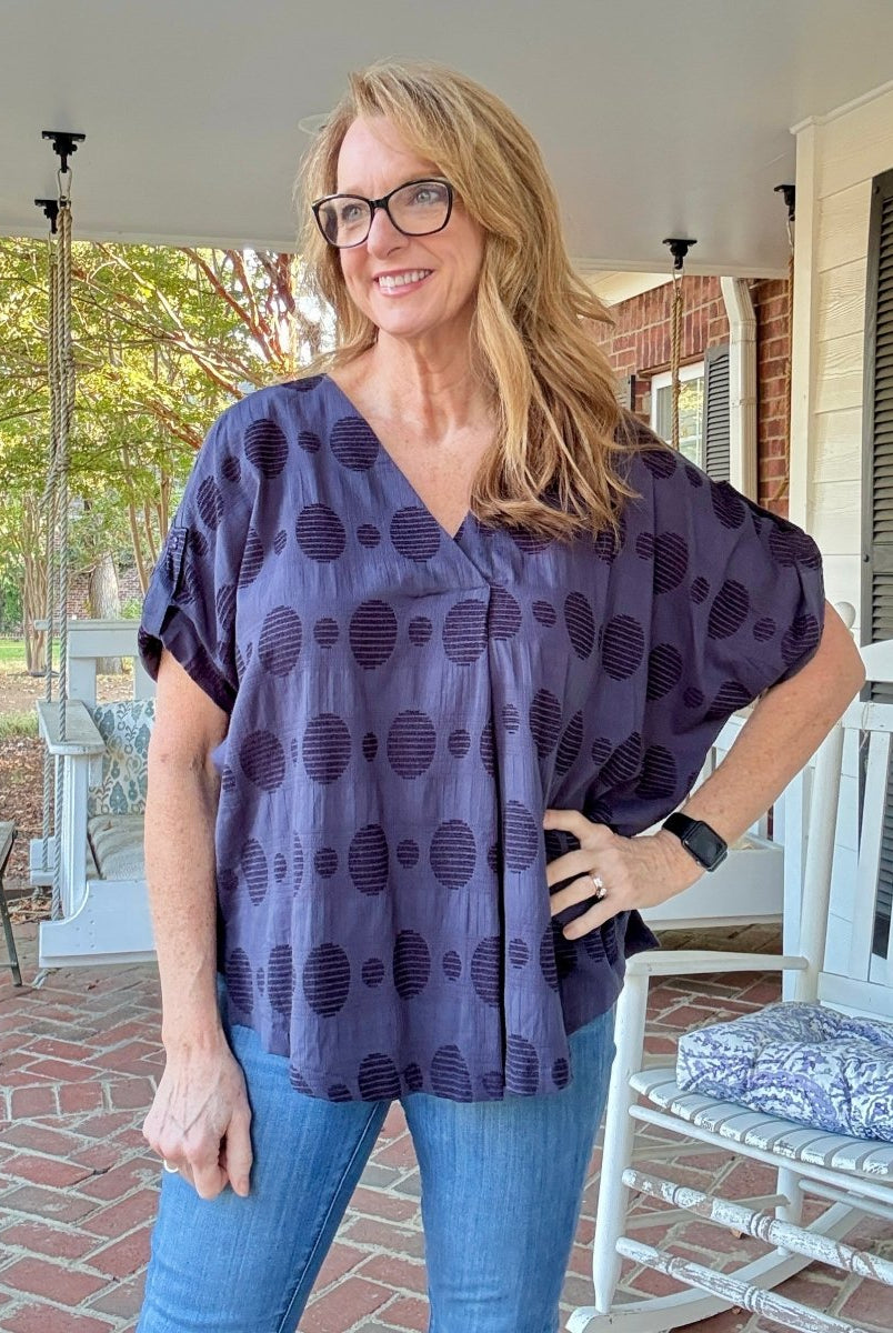 Pleated Front Swiss Dot Top - Navy | Umgee - Jimberly's Boutique - Olive Branch - Mississippi