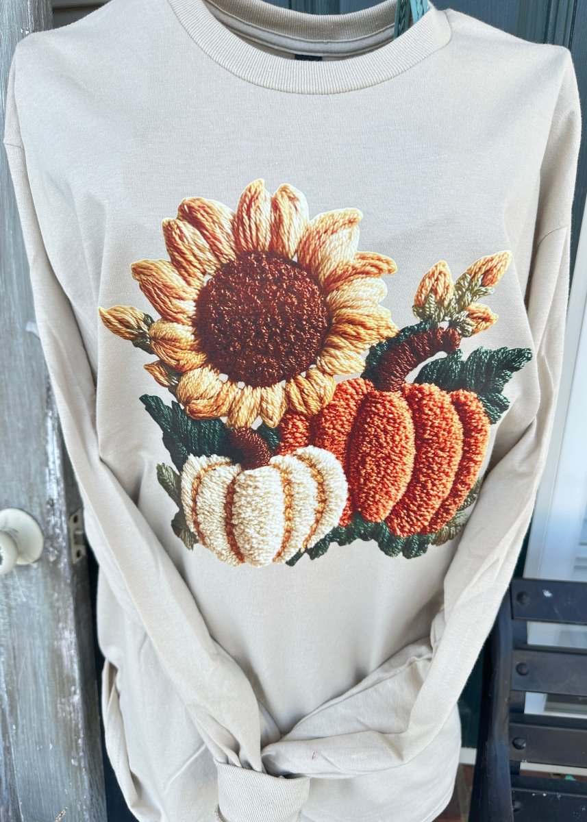 Pumpkins and Sunflowers Long Sleeve - Long Sleeve Graphic Tee - Jimberly's Boutique - Olive Branch - Mississippi