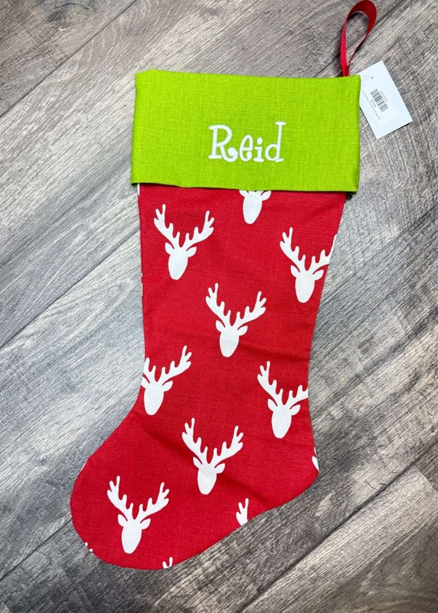 Red Antlers with Green Cuff - Monogrammed Christmas Stocking - Stocking - Jimberly's Boutique - Olive Branch - Mississippi