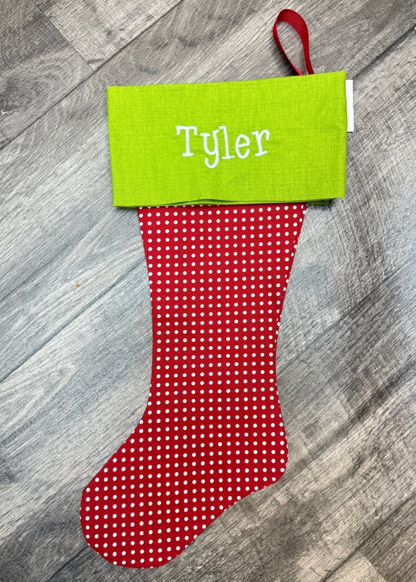 Red Mini Dot with Green Cuff - Monogrammed Christmas Stocking - Stocking - Jimberly's Boutique - Olive Branch - Mississippi