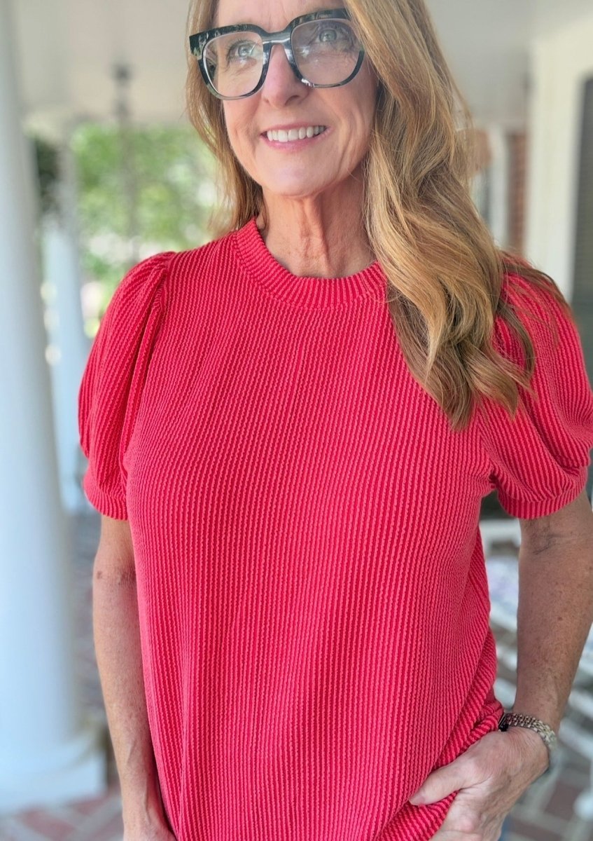 Red Raised Rib Puff Sleeve Top - Zenana Casual Top -Jimberly's Boutique-Olive Branch-Mississippi