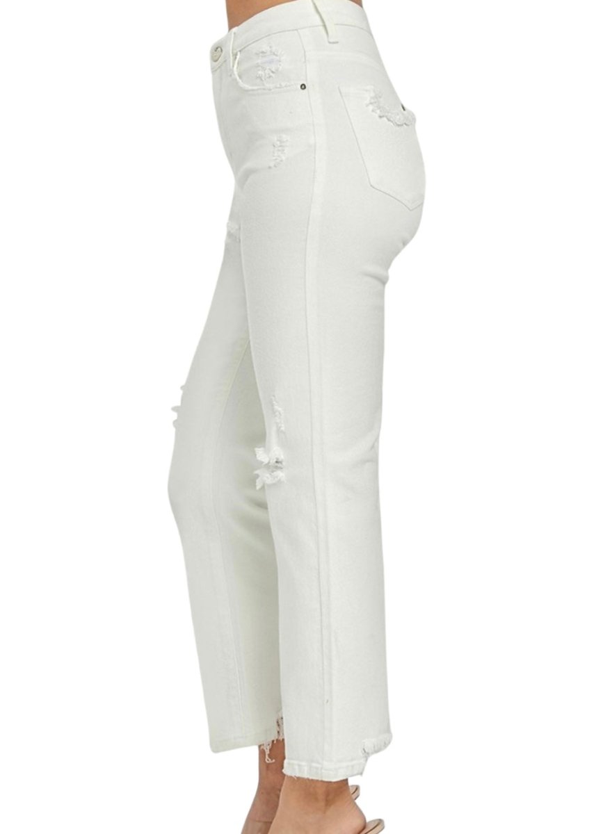 Risen Aurora White Tummy Control Distressed Straight Jeans - risen jeans - Jimberly's Boutique - Olive Branch - Mississippi