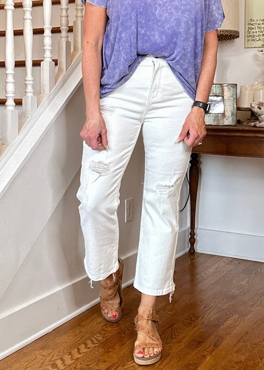 Risen Aurora White Tummy Control Distressed Straight Jeans - risen jeans - Jimberly's Boutique - Olive Branch - Mississippi