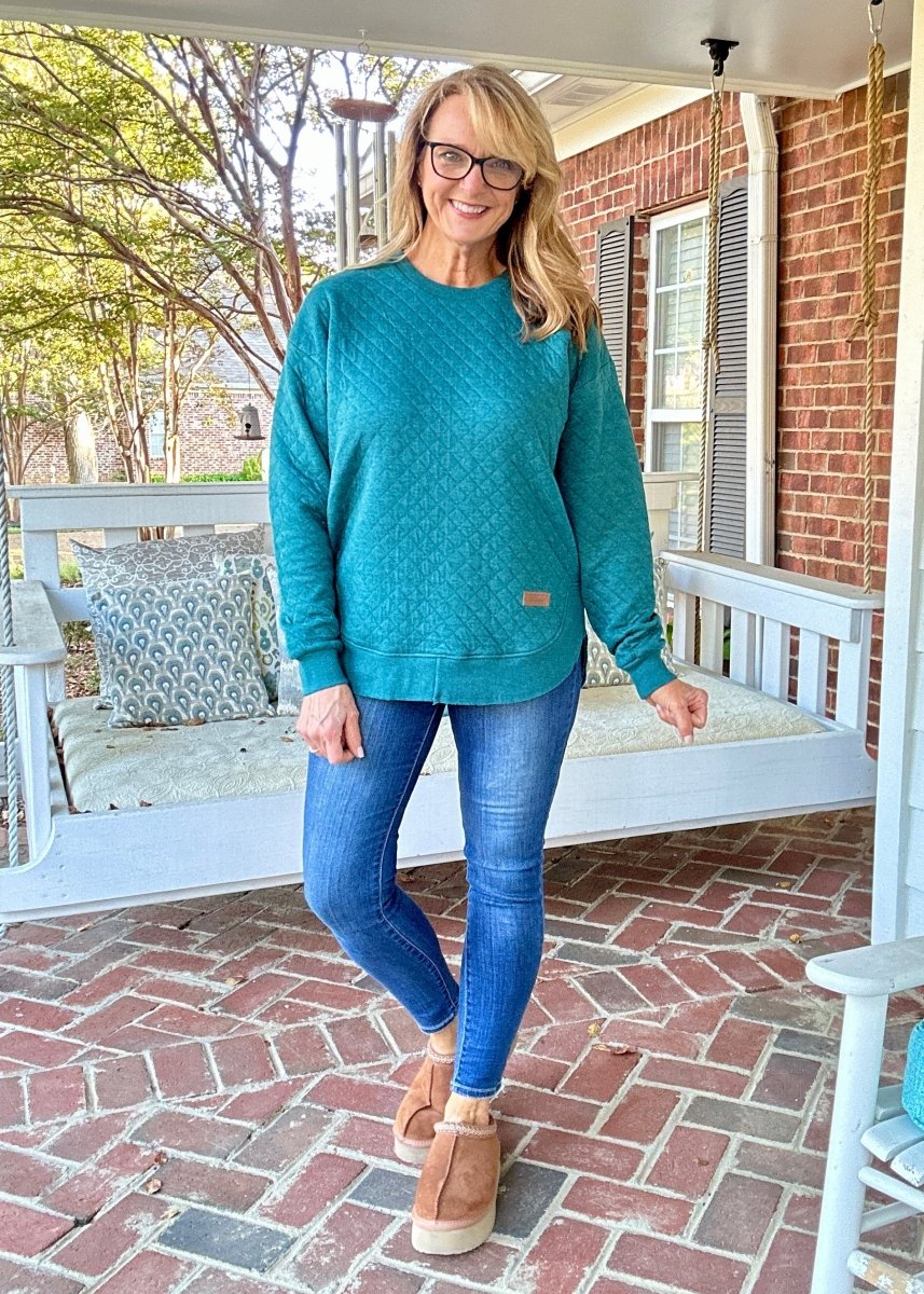 Royce Long Sleeve Rounded Bottom Quilted Top - Emerald - Royce Sweatshirt - Jimberly's Boutique - Olive Branch - Mississippi
