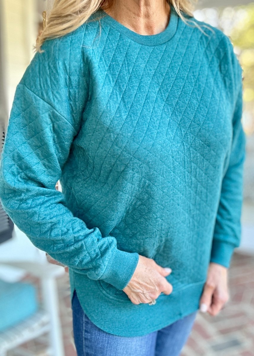 Royce Long Sleeve Rounded Bottom Quilted Top - Emerald - Royce Sweatshirt - Jimberly's Boutique - Olive Branch - Mississippi
