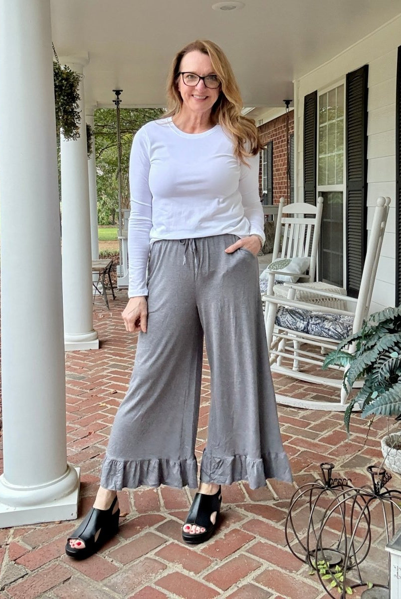 Ruffled Wide Leg Pants - Grey - casual pants - Jimberly's Boutique - Olive Branch - Mississippi