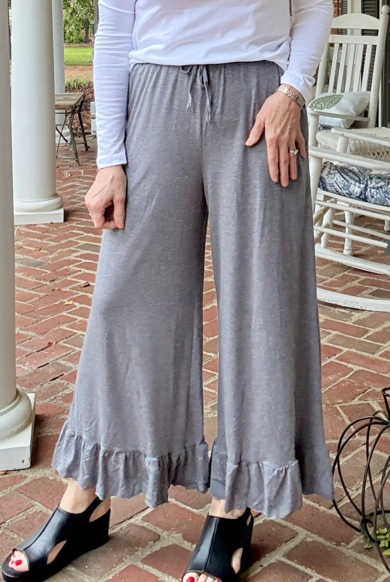 Ruffled Wide Leg Pants - Grey - casual pants - Jimberly's Boutique - Olive Branch - Mississippi