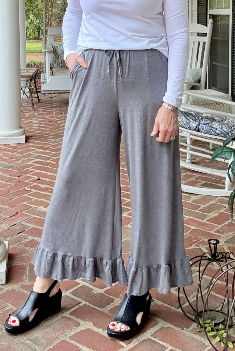 Ruffled Wide Leg Pants - Grey - casual pants - Jimberly's Boutique - Olive Branch - Mississippi