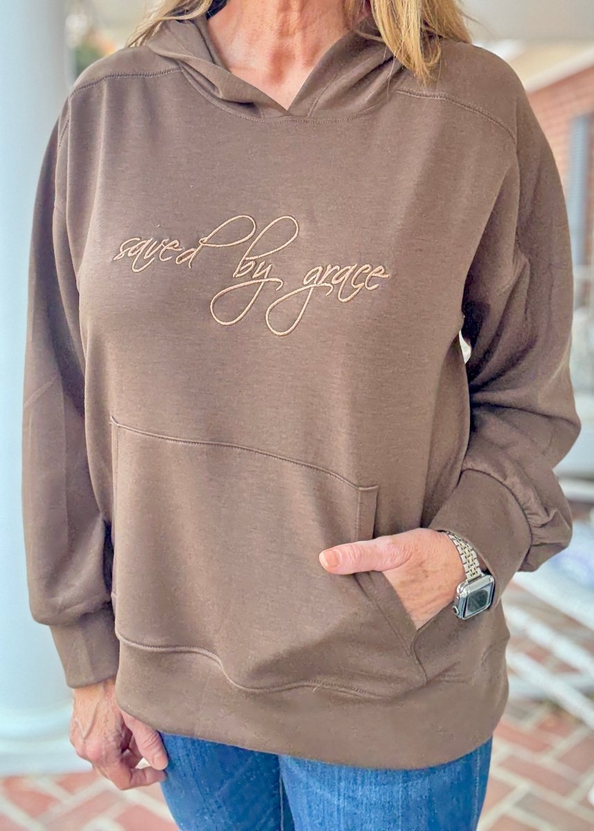 Saved by Grace Embroidered Hoodie - Brown | Dear Scarlett - hoodie - Jimberly's Boutique - Olive Branch - Mississippi