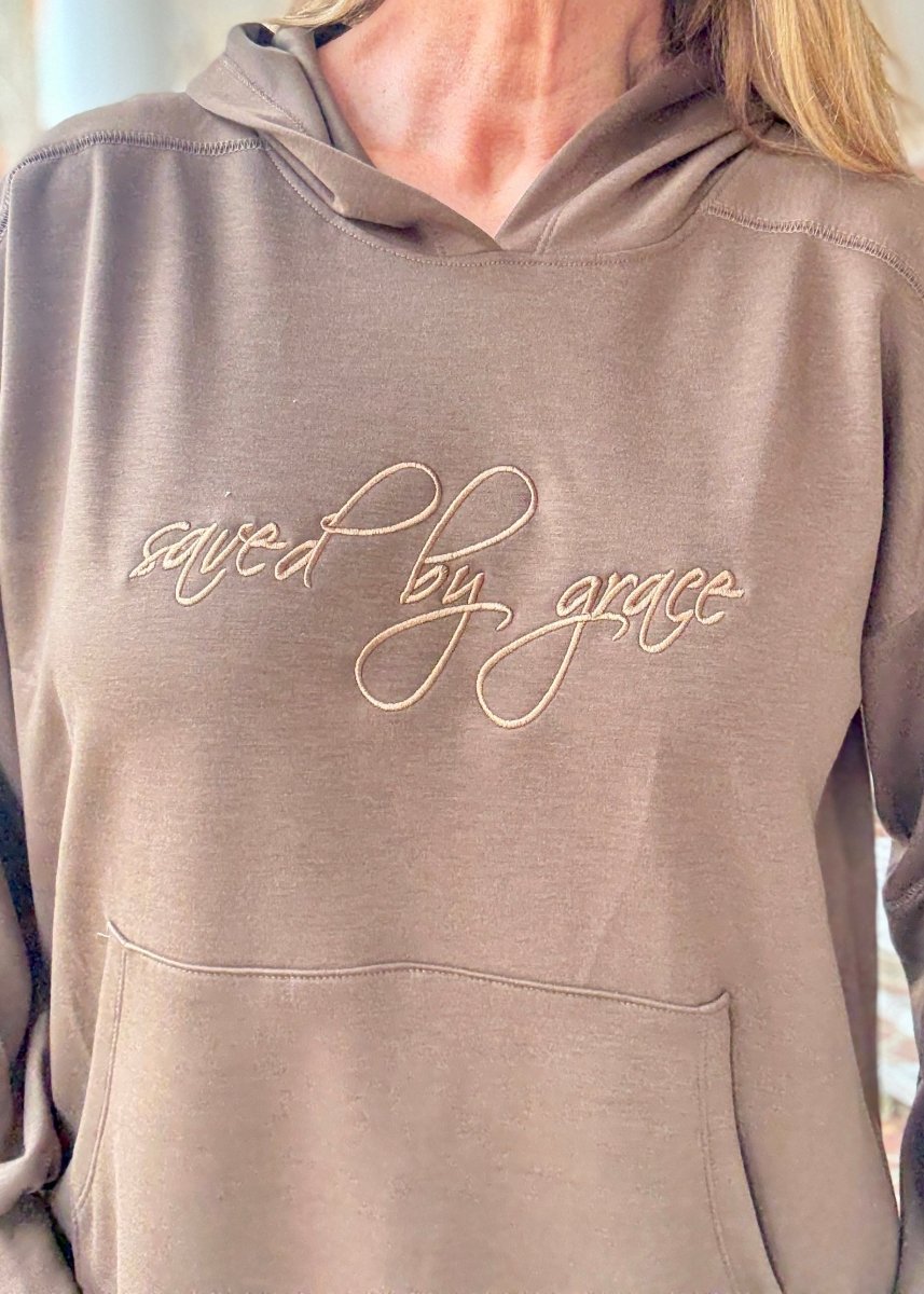 Saved by Grace Embroidered Hoodie - Brown | Dear Scarlett - hoodie - Jimberly's Boutique - Olive Branch - Mississippi