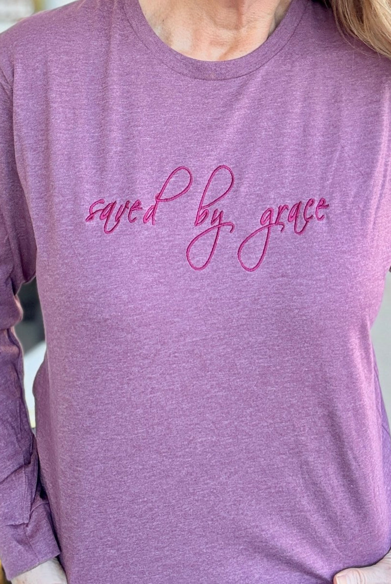 Saved By Grace Embroidered LS T Shirt - embroidered t shirt - Jimberly's Boutique - Olive Branch - Mississippi
