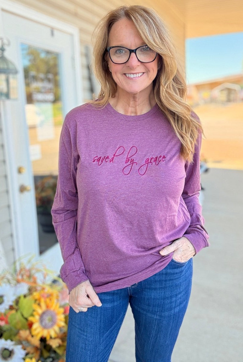 Saved By Grace Embroidered LS T Shirt - embroidered t shirt - Jimberly's Boutique - Olive Branch - Mississippi