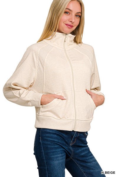 Scuba Full Zip Jacket - Heather Beige | Zenana - Jacket - Jimberly's Boutique - Olive Branch - Mississippi
