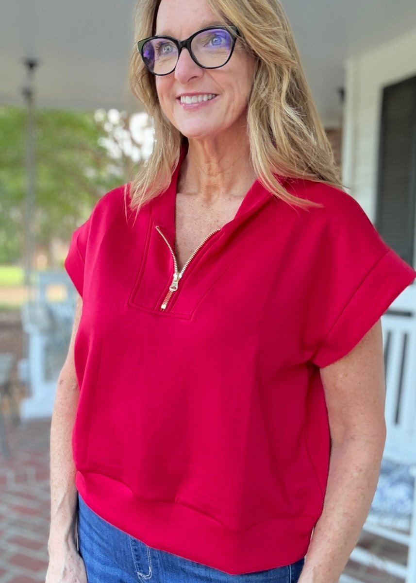 Scuba High Neck Half Zip Top - Red - Casual Top - Jimberly's Boutique - Olive Branch - Mississippi