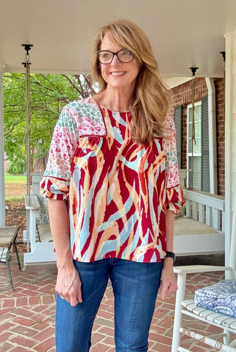 Simba Mixed Print Top - Wine Mix - Umgee Top - Jimberly's Boutique - Olive Branch - Mississippi