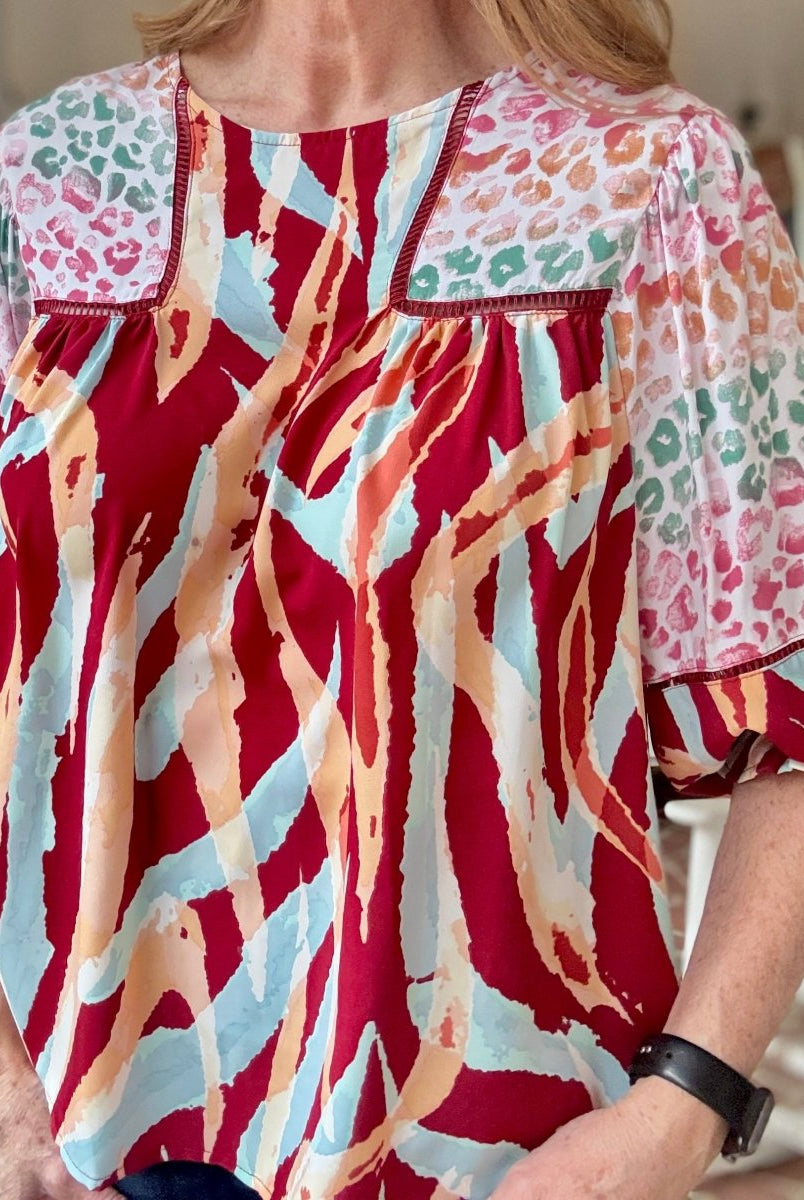 Simba Mixed Print Top - Wine Mix - Umgee Top - Jimberly's Boutique - Olive Branch - Mississippi