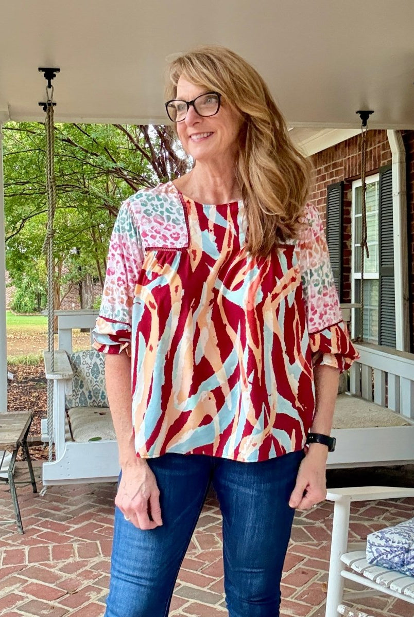Simba Mixed Print Top - Wine Mix - Umgee Top - Jimberly's Boutique - Olive Branch - Mississippi