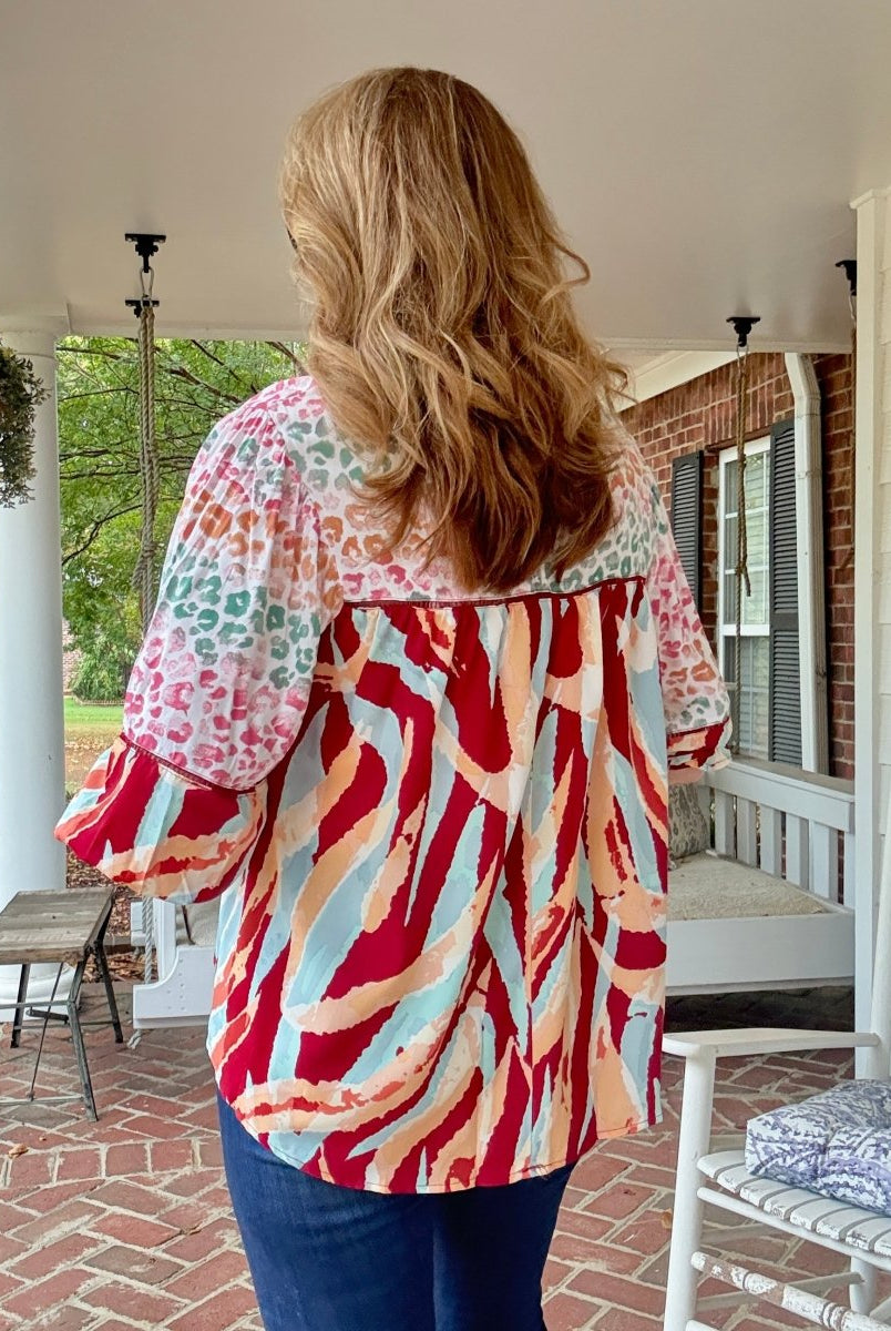 Simba Mixed Print Top - Wine Mix - Umgee Top - Jimberly's Boutique - Olive Branch - Mississippi