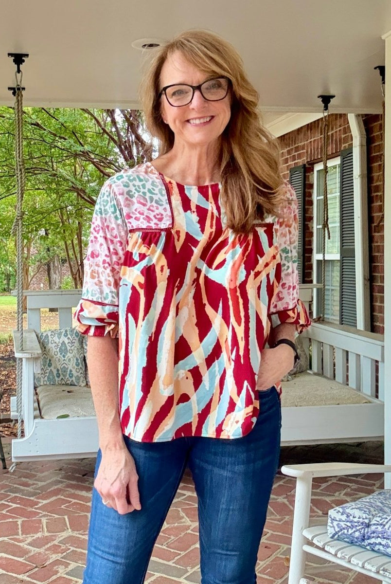 Simba Mixed Print Top - Wine Mix - Umgee Top - Jimberly's Boutique - Olive Branch - Mississippi