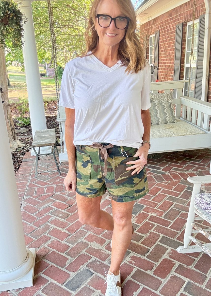 Slouchy Camo Print Patch Pocket Shorts | Risen - Risen shorts - Jimberly's Boutique - Olive Branch - Mississippi