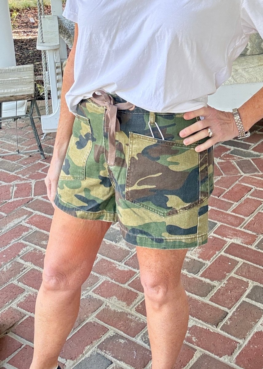 Slouchy Camo Print Patch Pocket Shorts | Risen - Risen shorts - Jimberly's Boutique - Olive Branch - Mississippi