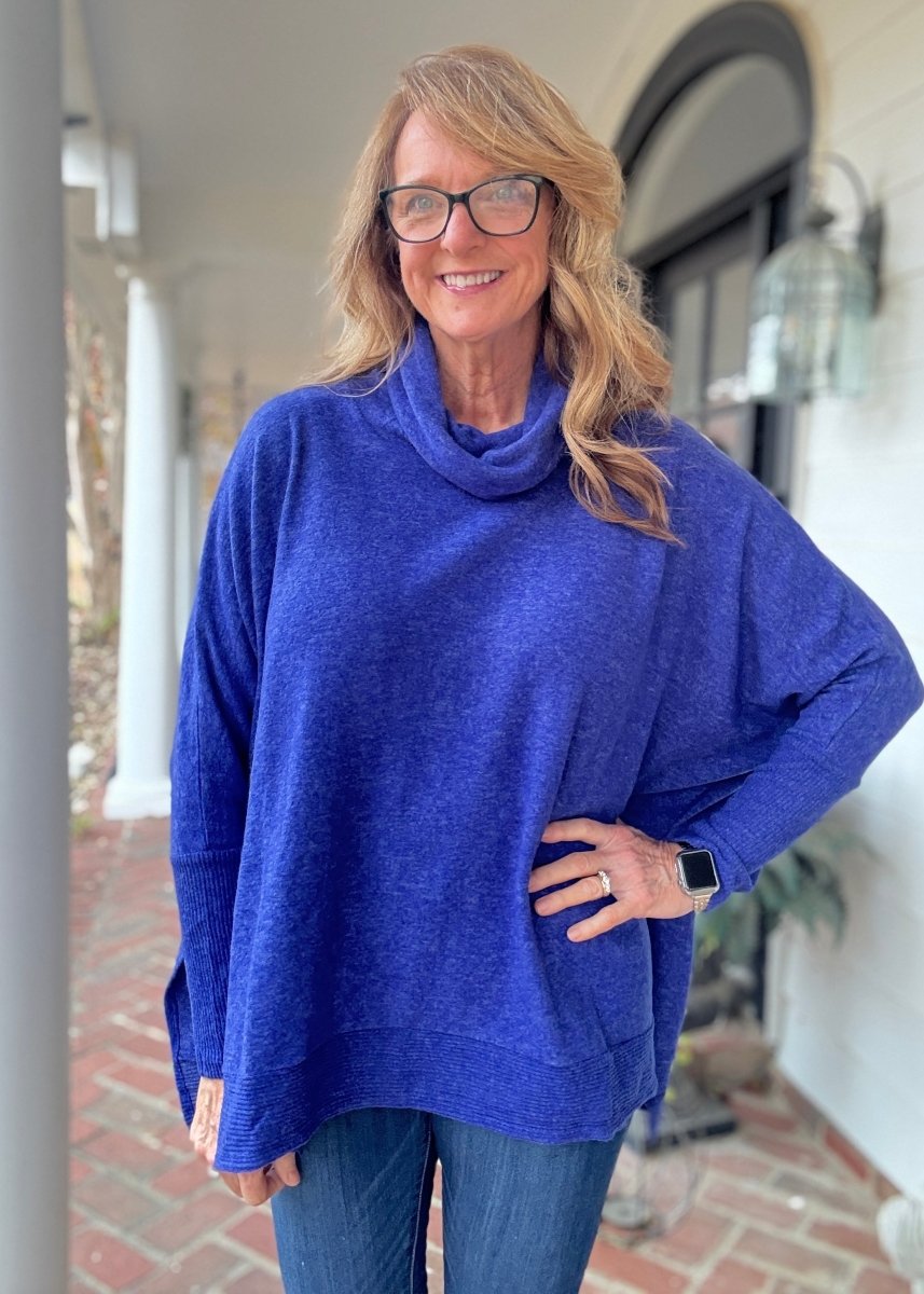 Soft Cowl Neck Poncho Sweater - Bright Blue - sweater - Jimberly's Boutique - Olive Branch - Mississippi