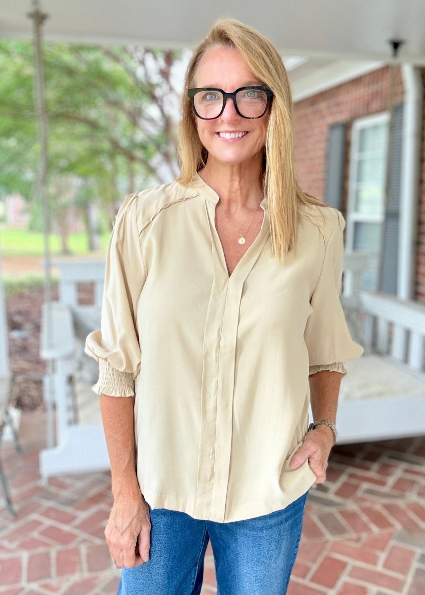 Split Neck Woven Top - Latte - Umgee Top -Jimberly's Boutique-Olive Branch-Mississippi