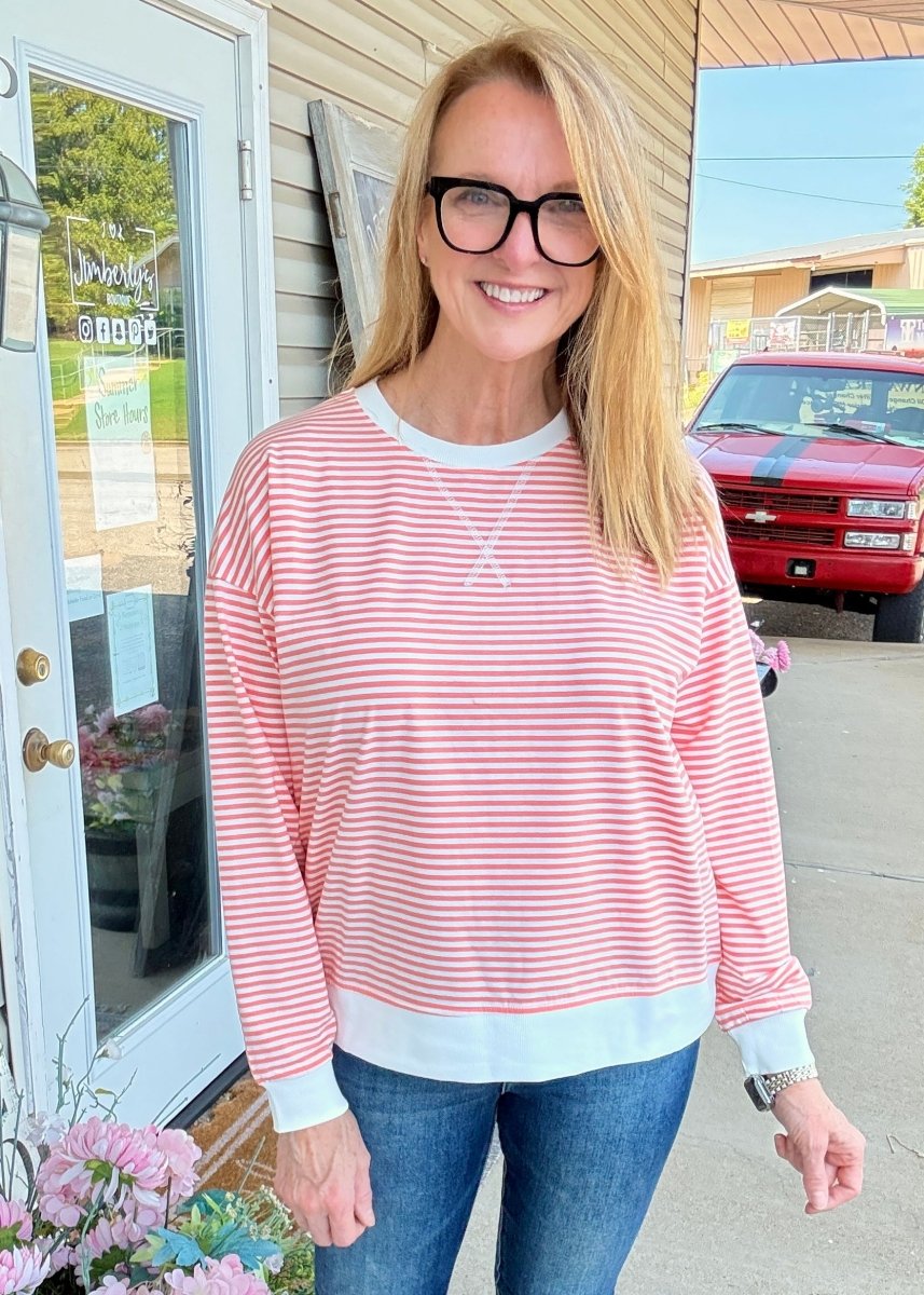 Striped Banded Pullover - Coral | Zenana - pullover -Jimberly's Boutique-Olive Branch-Mississippi