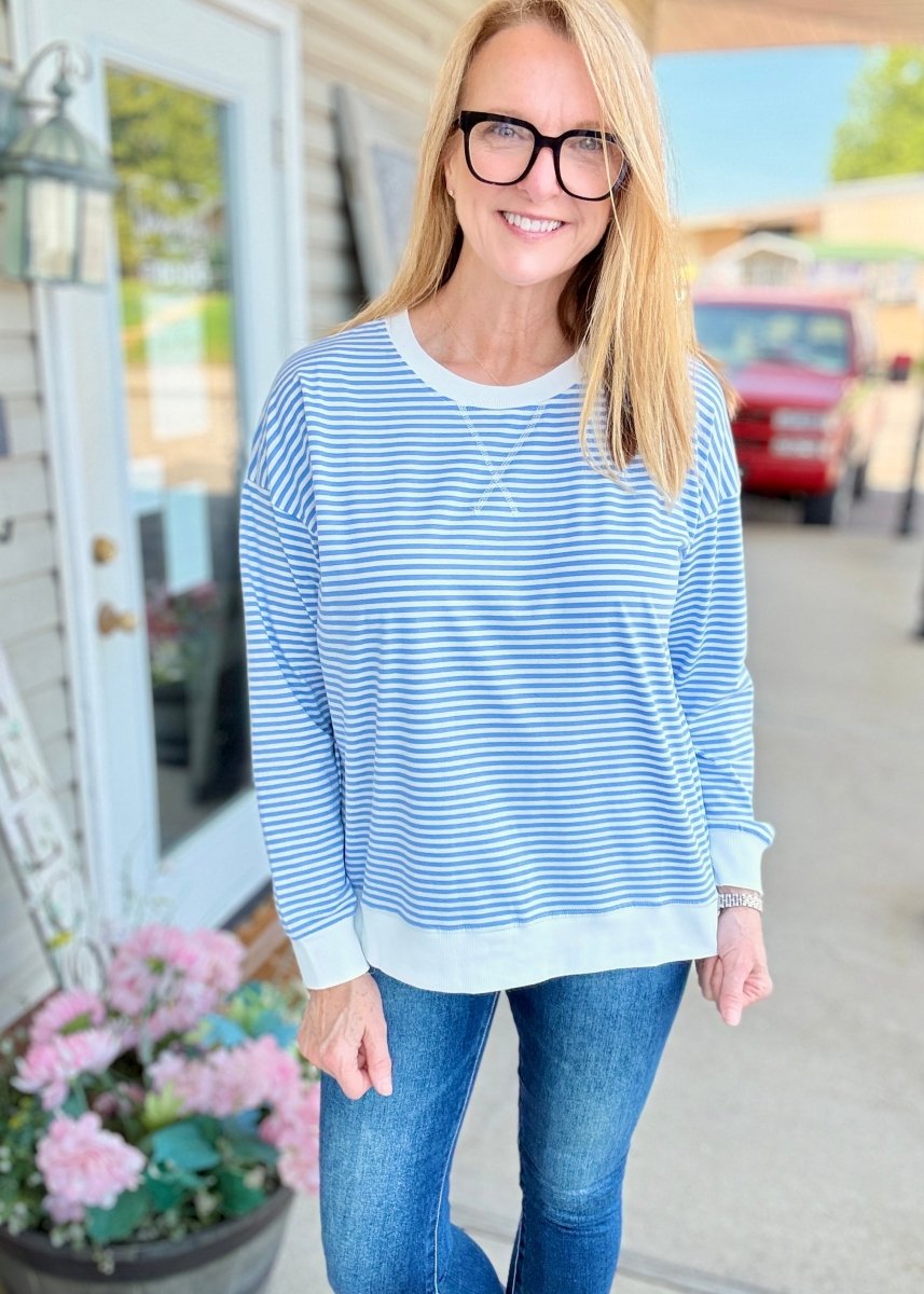 Striped Banded Pullover - Cornflower Blue | Zenana - pullover -Jimberly's Boutique-Olive Branch-Mississippi