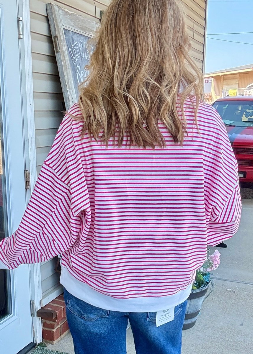 Striped Split Neck Collared Top - Hot Pink - Jimberly's Boutique-Olive Branch-Mississippi