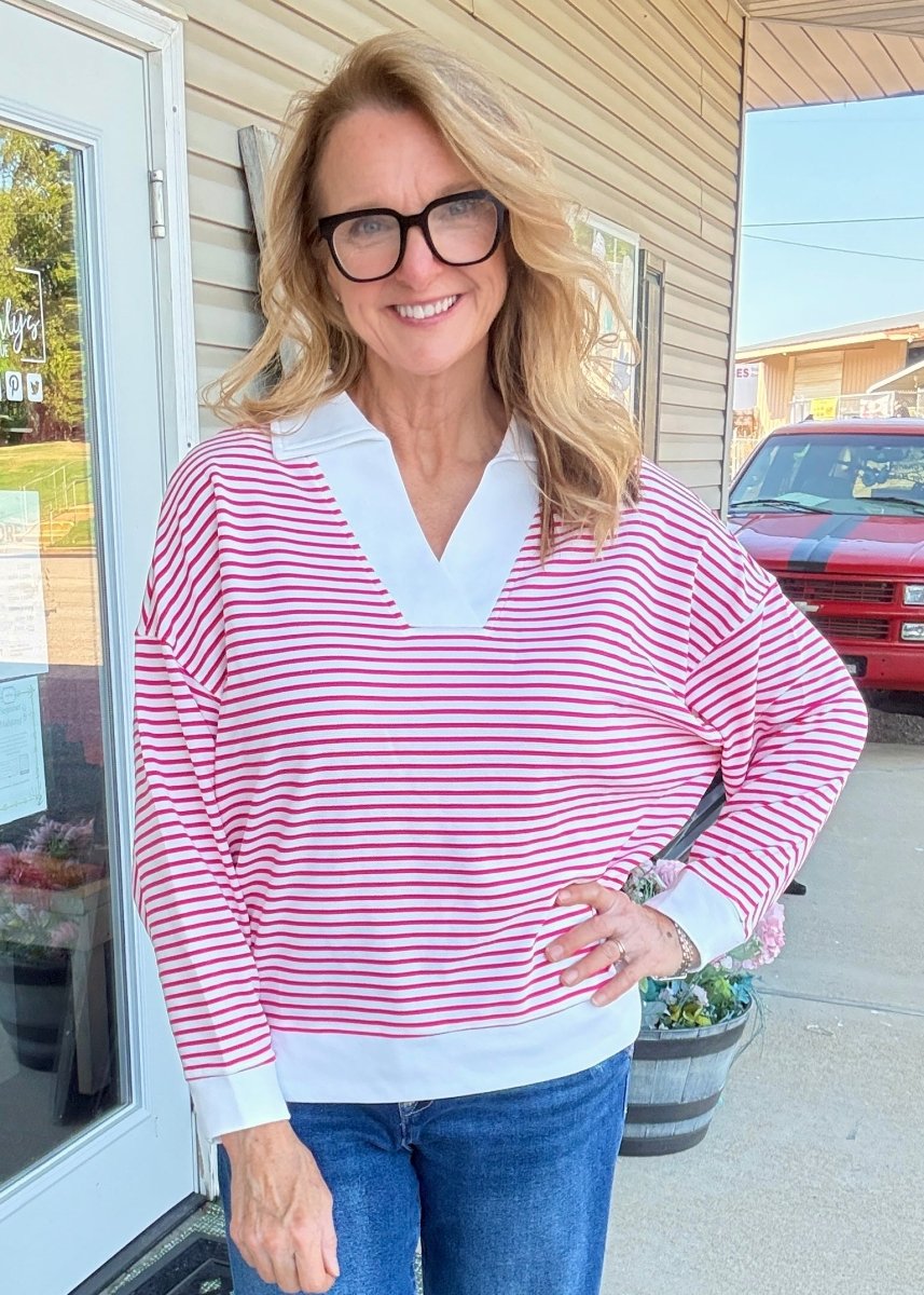 Striped Split Neck Collared Top - Hot Pink - Jimberly's Boutique-Olive Branch-Mississippi