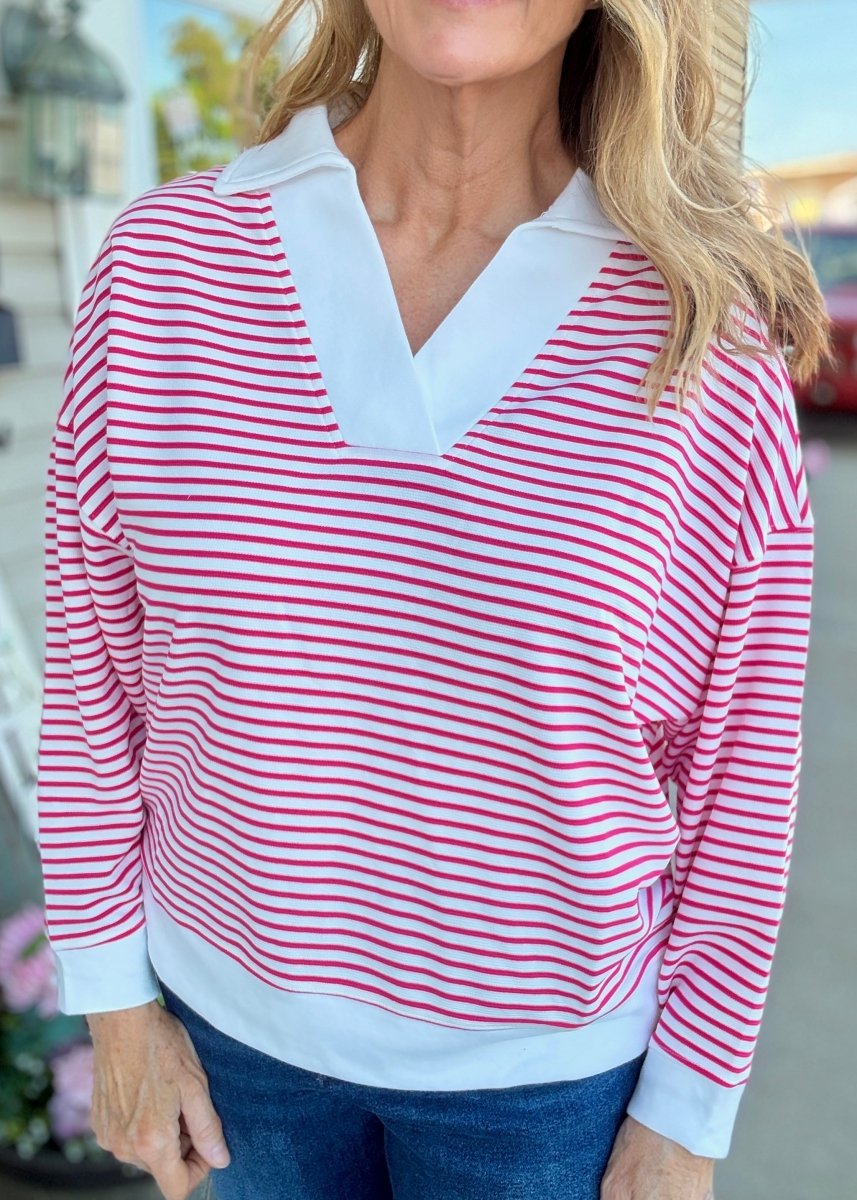 Striped Split Neck Collared Top - Hot Pink - Jimberly's Boutique-Olive Branch-Mississippi