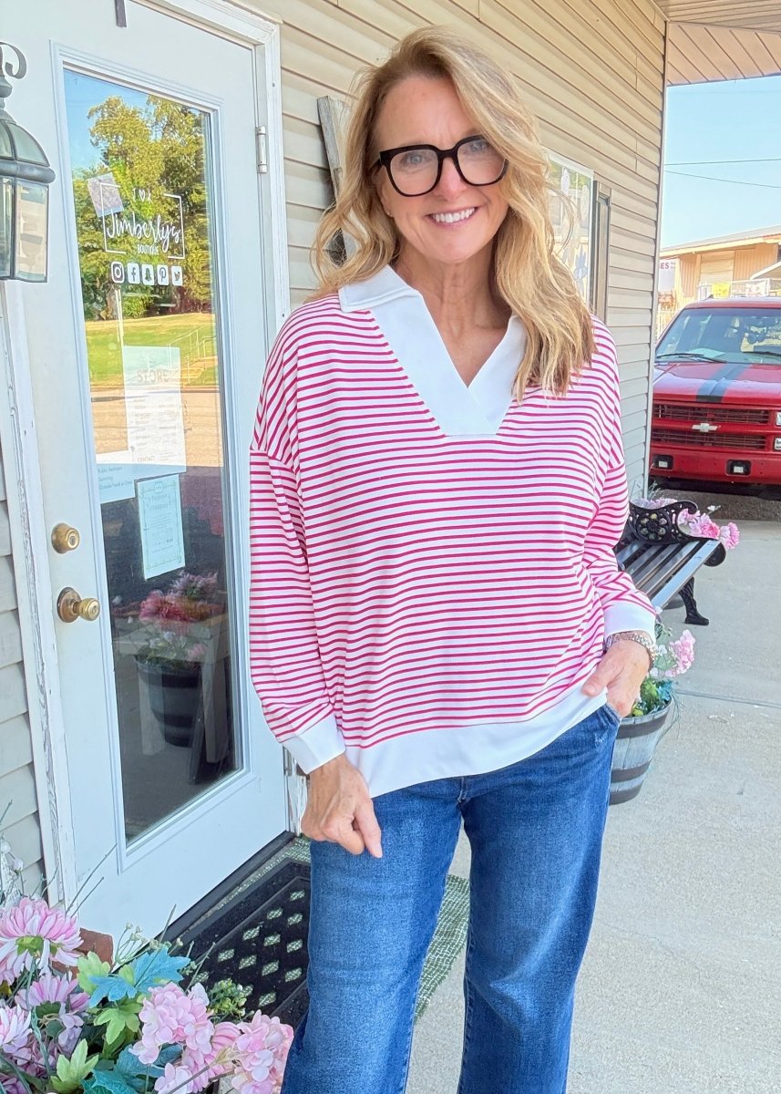 Striped Split Neck Collared Top - Hot Pink - Jimberly's Boutique-Olive Branch-Mississippi