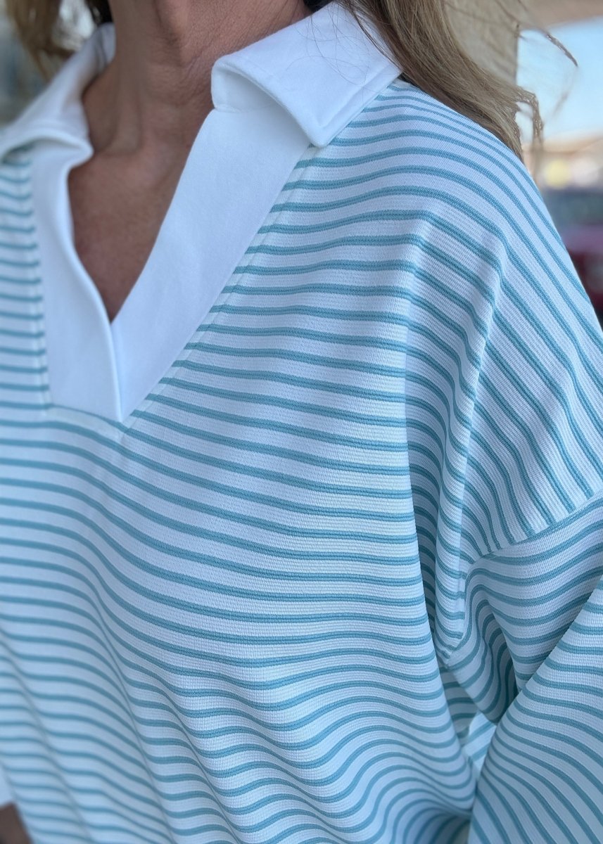 Striped Split Neck Collared Top - Sea Angel - Jimberly's Boutique-Olive Branch-Mississippi
