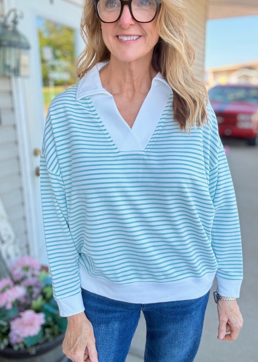 Striped Split Neck Collared Top - Sea Angel - Jimberly's Boutique-Olive Branch-Mississippi