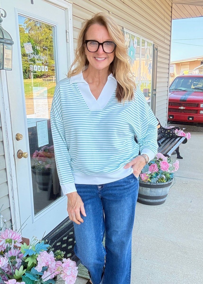 Striped Split Neck Collared Top - Sea Angel - Jimberly's Boutique-Olive Branch-Mississippi