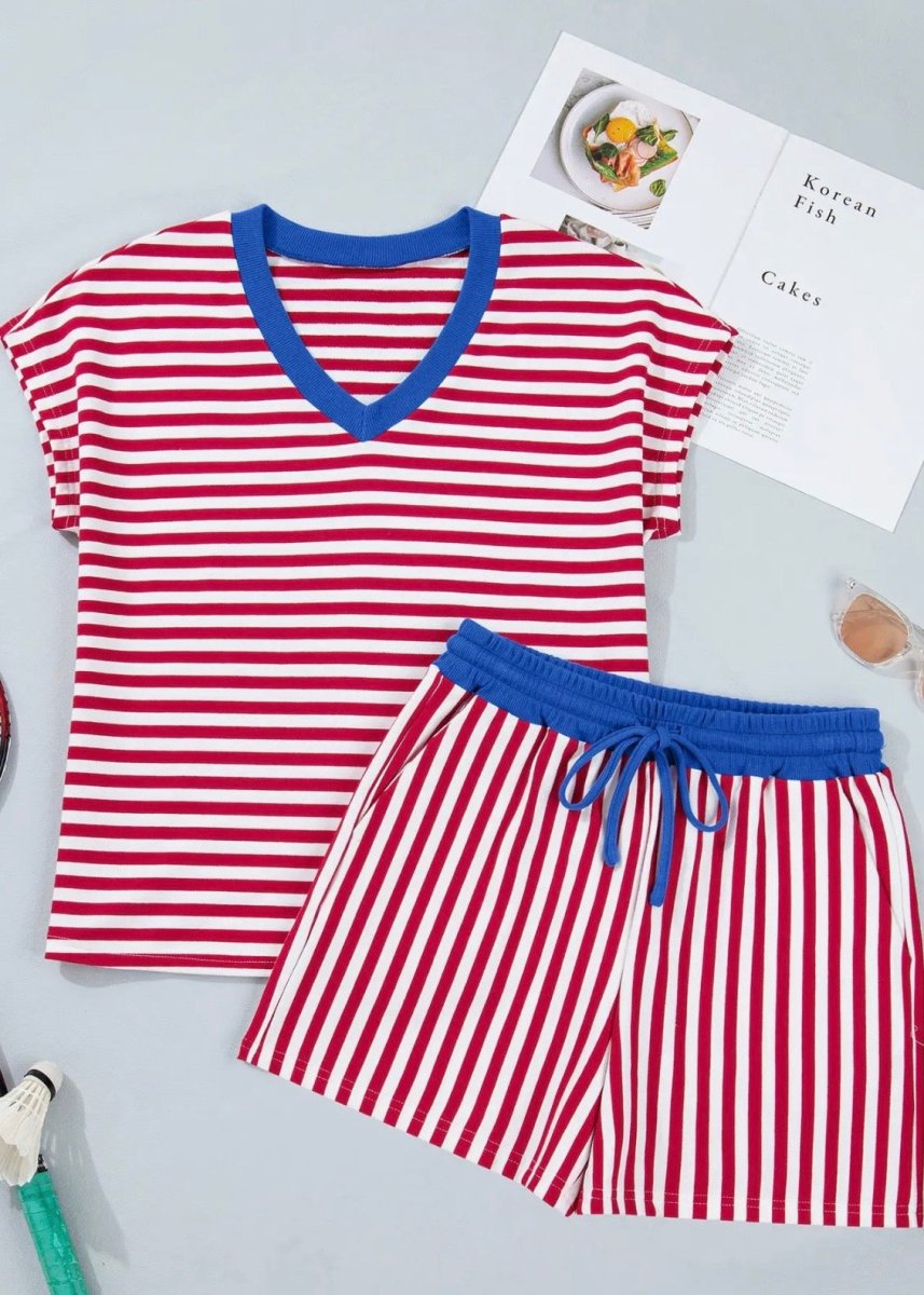 Striped V Neck Shorts Set - Red - short set -Jimberly's Boutique-Olive Branch-Mississippi