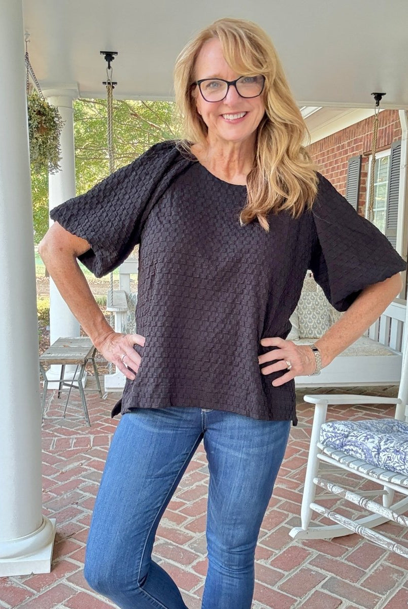 Textured Puff Sleeve Top - Black - Umgee Top - Jimberly's Boutique - Olive Branch - Mississippi