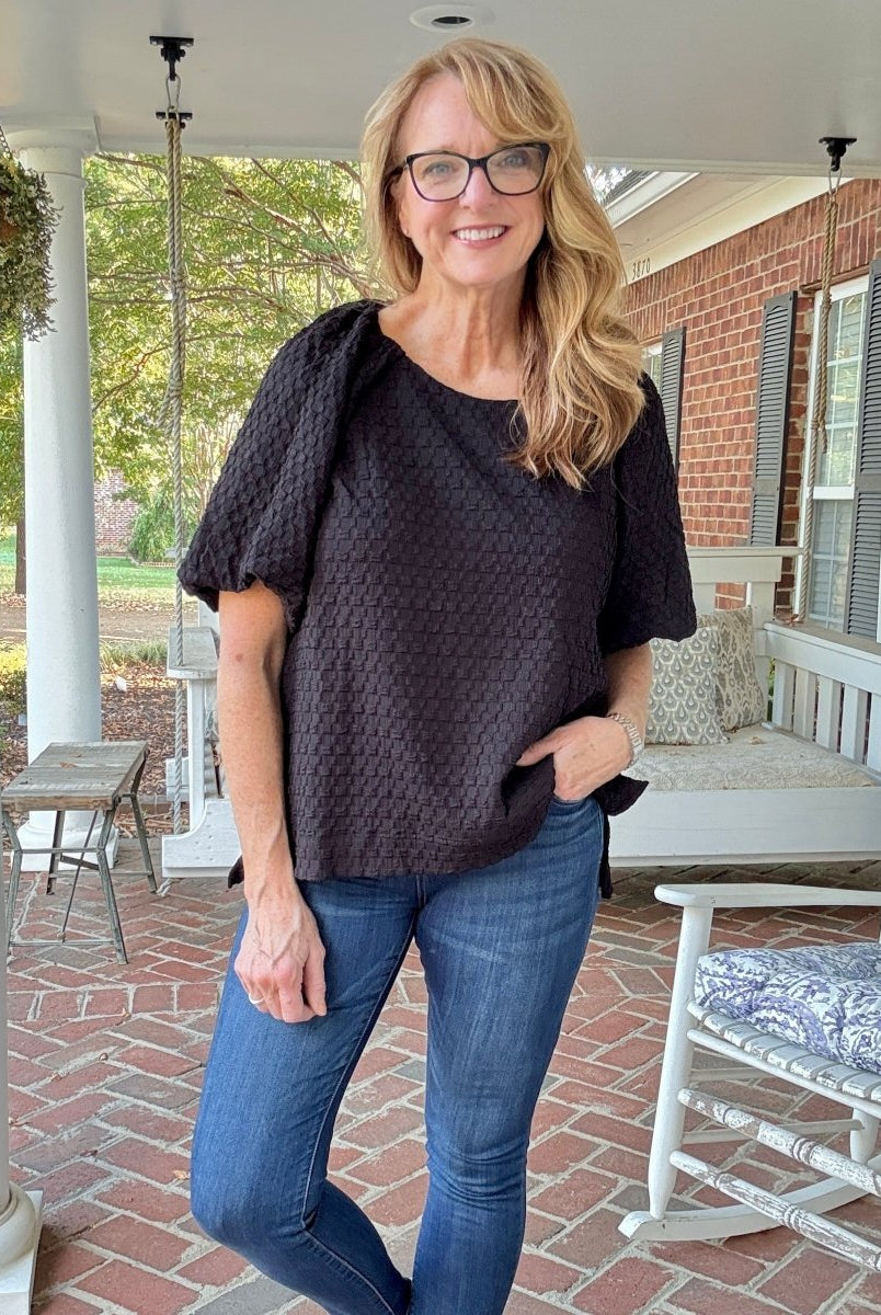 Textured Puff Sleeve Top - Black - Umgee Top - Jimberly's Boutique - Olive Branch - Mississippi
