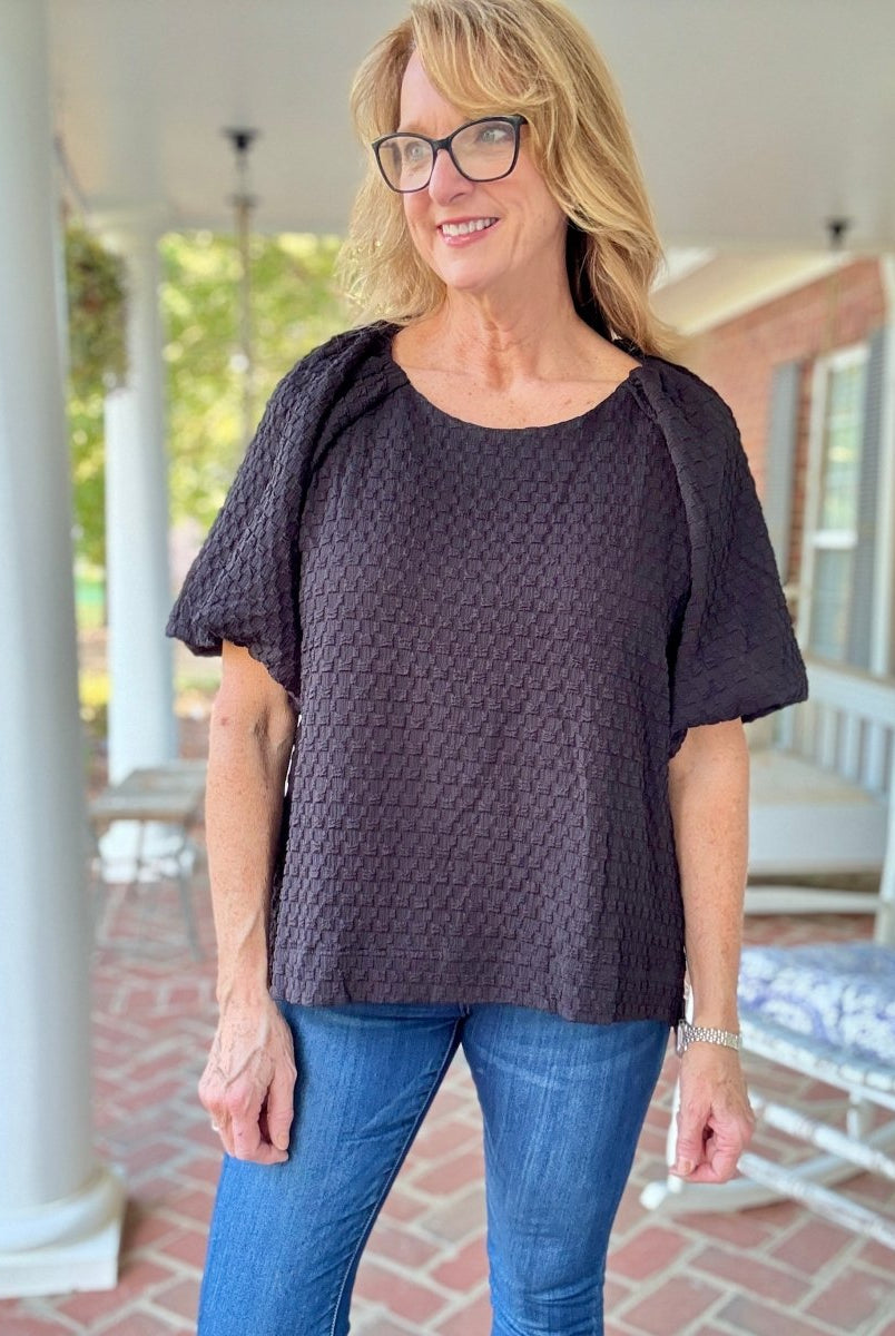 Textured Puff Sleeve Top - Black - Umgee Top - Jimberly's Boutique - Olive Branch - Mississippi