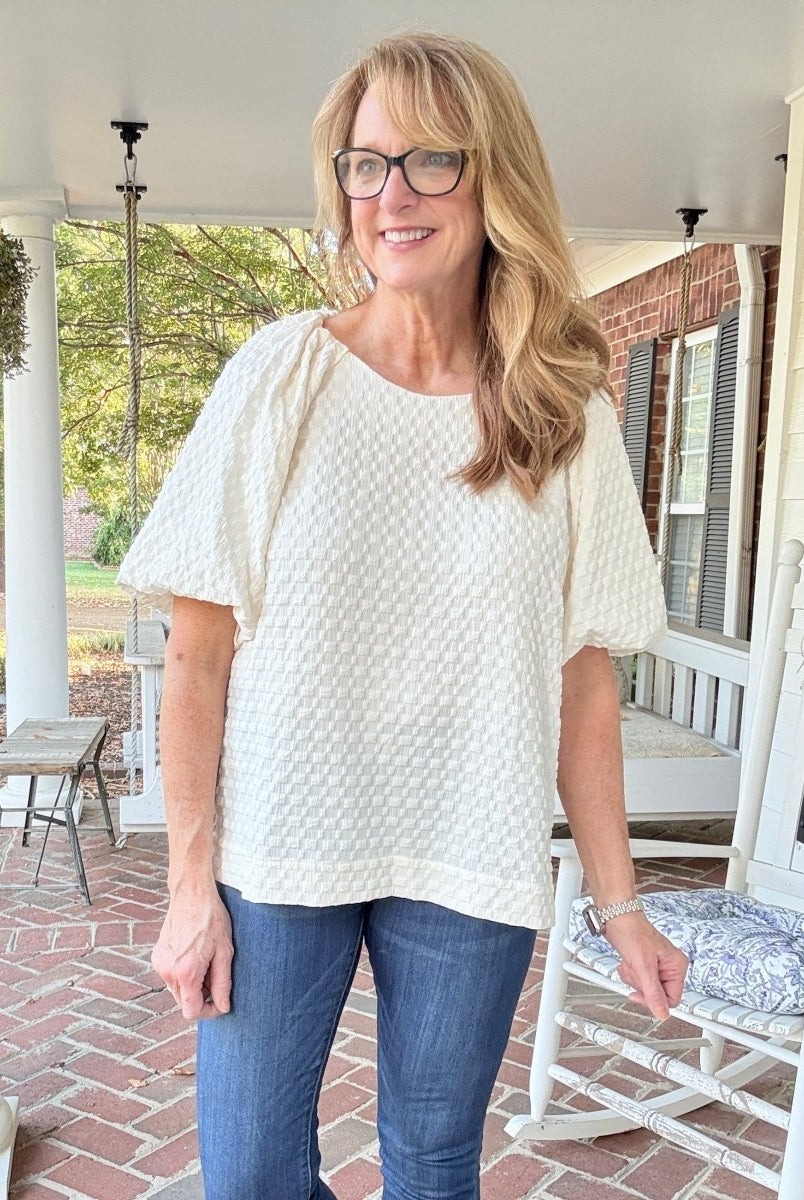 Textured Puff Sleeve Top - Cream - Umgee Top - Jimberly's Boutique - Olive Branch - Mississippi