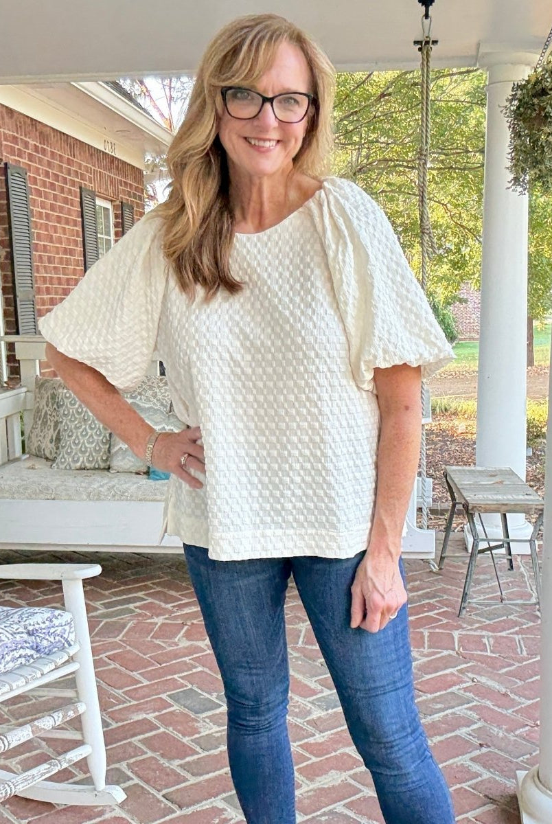 Textured Puff Sleeve Top - Cream - Umgee Top - Jimberly's Boutique - Olive Branch - Mississippi