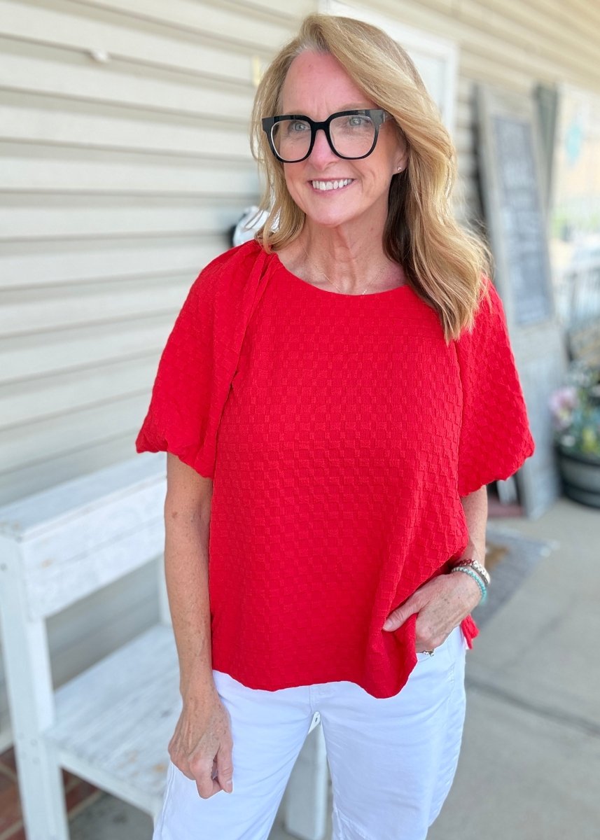 Textured Puff Sleeve Top - Red - Umgee Top -Jimberly's Boutique-Olive Branch-Mississippi